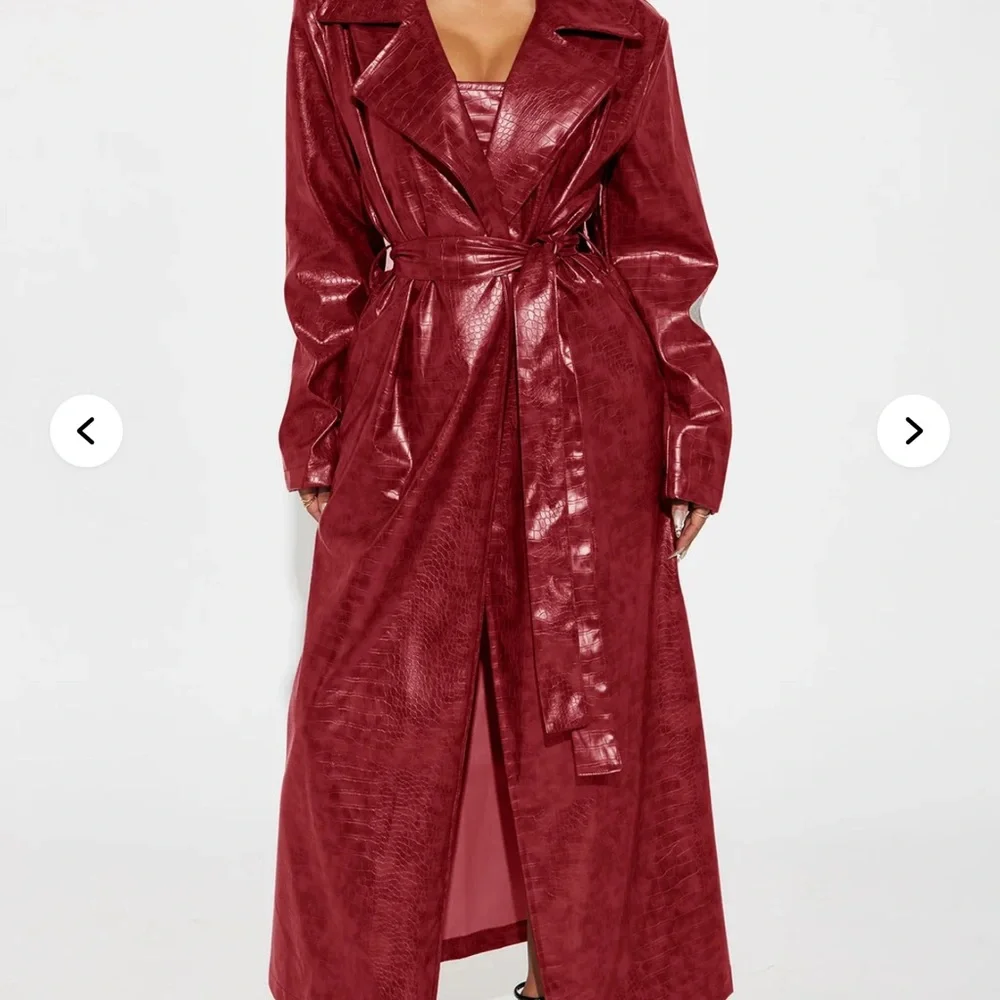 Wine/Red Faux Leather Trench Coat and mini dress set - Picture 3 of 4